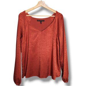 White House Black Market Blouse Long Sleeve Red Satin Lined V-Neck Top Large